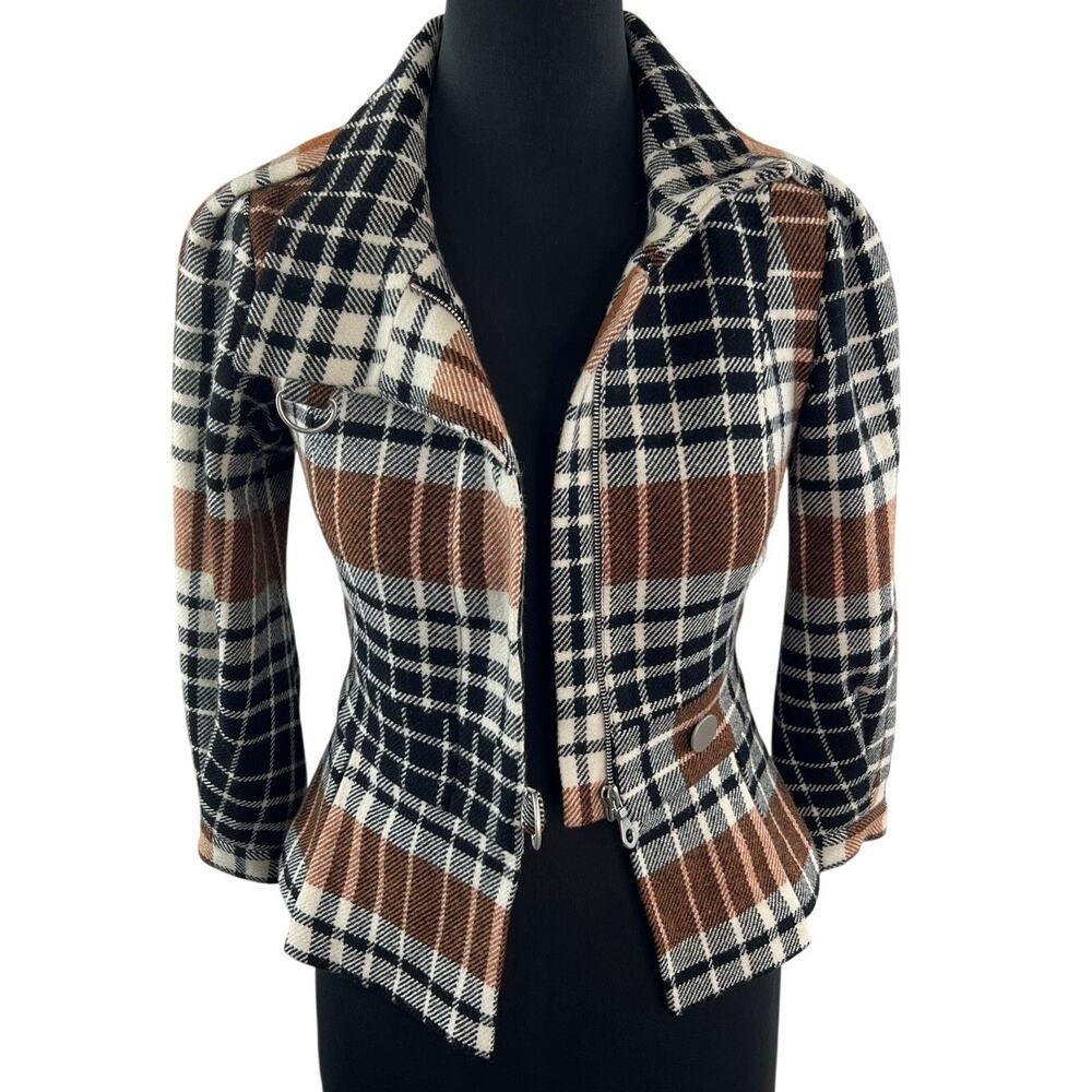 Y2K L.A.M.B 2007 Stefani Jacket Wool Plaid Collar Long Sleeve Ruffle Hem Size 0